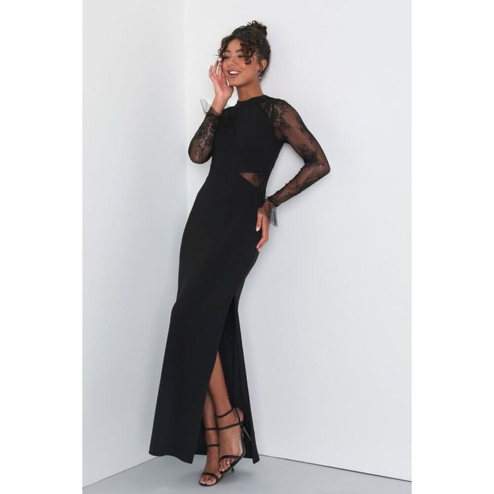 Lulus Bragging Rights Black Lace Long Sleeve Column Maxi Dress - Size S